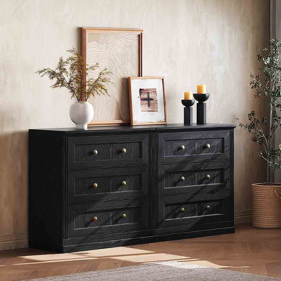 BEDEEP Black 3 Drawer Dresser Set of 2 for Bedroom, Modular Fluted Wood ...