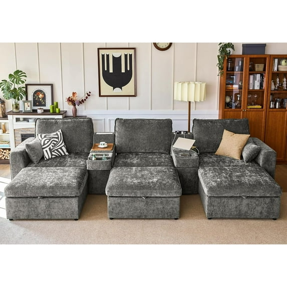 BEDEEP 152.4'' Modular Sectional Sofa with Console Charging Station, U Shaped Chenille Cloud Couch with Storage Ottoman, Convertible 6-Seat Deep Sofa with Chaise for Living Room, Gray