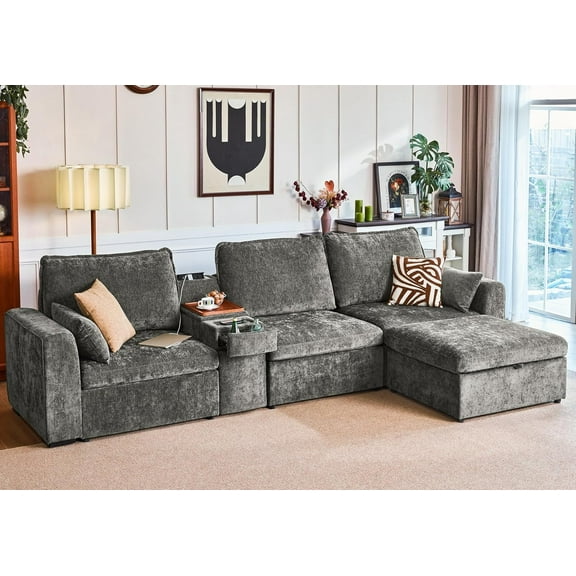 BEDEEP 138.6'' Modular Sectional Sofa with Console Charging Station, L Shaped Chenille Cloud Couch with Storage Ottoman, Convertible 4-Seat Deep Sofa with Chaise for Living Room, Gray