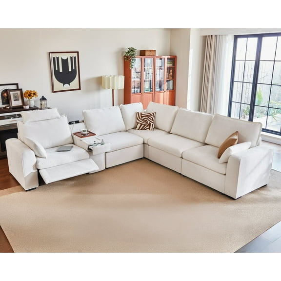 BEDEEP Modular Sectional Power Reclining Sofa Set for Living Room with Console Storage, Cloud Couch 5 Seater Sectional Couch with Recliner Headrest, Chenille, White