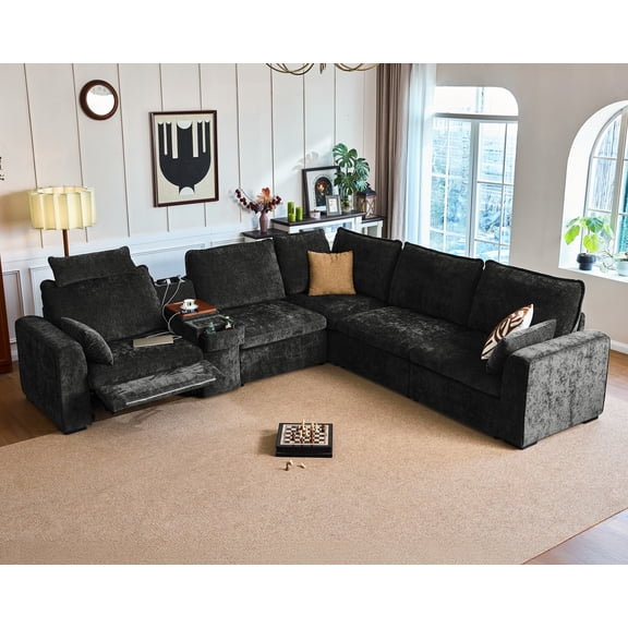 BEDEEP Modular Sectional Power Reclining Sofa Set for Living Room with Console Storage, Cloud Couch 5 Seater Sectional Couch with Recliner Headrest, Chenille, Black