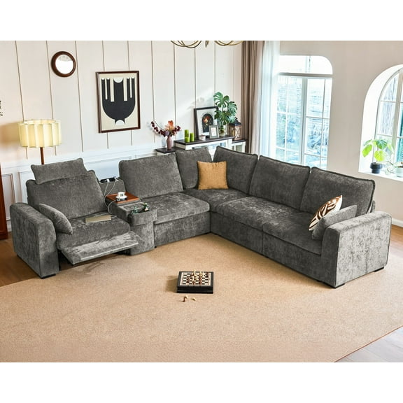 BEDEEP Modular Sectional Power Reclining Sofa Set for Living Room with Console Storage, Cloud Couch 5 Seater Sectional Couch with Recliner Headrest, Chenille, Gray