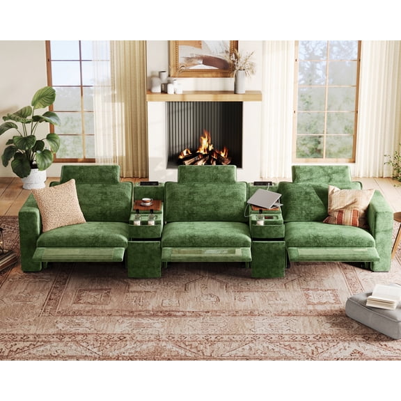 BEDEEP 152.4'' Power Recliner Sofa with Headrest Console, Moduar Cloud Sectional Chenille Reclining Couch with Storage Ottoman Chaise, Convertible 3-Seater Sofa Couch for Living Room RV, Green