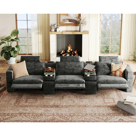 BEDEEP 152.4'' Power Recliner Sofa with Headrest Console, Moduar Cloud Sectional Chenille Reclining Couch with Storage Ottoman Chaise, Convertible 3-Seater Sofa Couch for Living Room RV, Black