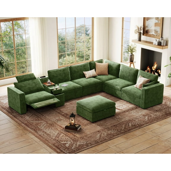BEDEEP 169.7'' Power Recliner Sofa with Headrest Console, Modular Cloud Sectional Chenille Reclining Couch with Storage Ottoman Chaise, Convertible 7-Seater Sofa Couch for Living Room RV, Green
