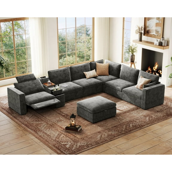 BEDEEP 169.7'' Power Recliner Sofa with Headrest Console, Modular Cloud Sectional Chenille Reclining Couch with Storage Ottoman Chaise, Convertible 7-Seater Sofa Couch for Living Room RV, Gray