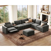 BEDEEP 169.7 Power Recliner Sofa with Headrest Console, Modular Cloud Sectional Chenille Reclining Couch with Storage Ottoman Chaise, Convertible 7-Seater Sofa Couch for Living Room RV, Gray