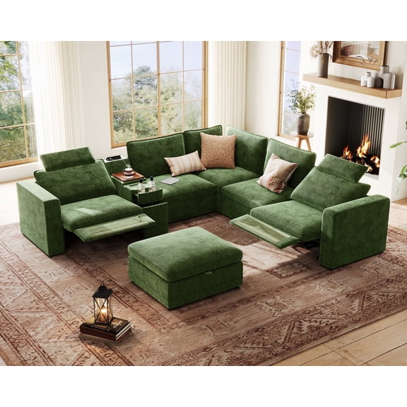 BEDEEP 133.9'' Power Recliner Sofa with Headrest Console, Modular Cloud Sectional Chenille Reclining Couch with Storage Ottoman Chaise, Convertible 6-Seater Sofa Couch for Living Room RV, Green