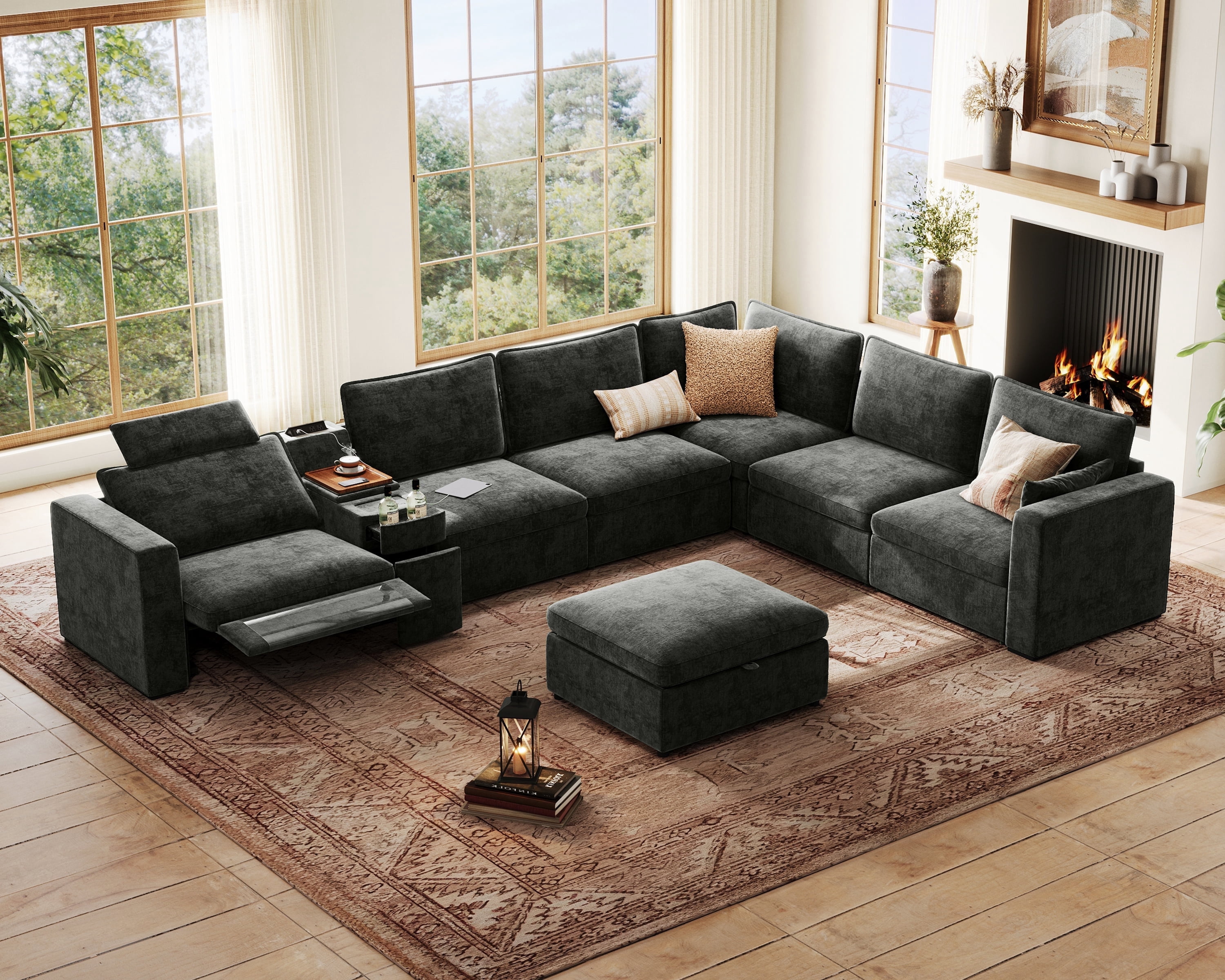 BEDEEP 169.7'' Power Recliner Sofa with Headrest Console, Modular Cloud Sectional Chenille Reclining Couch with Storage Ottoman Chaise, Convertible 7-Seater Sofa Couch for Living Room RV, Black