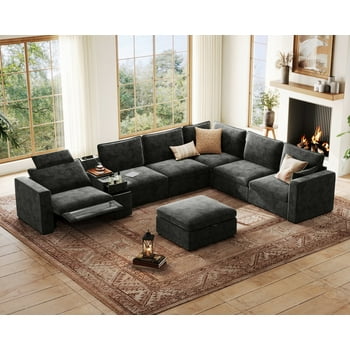 BEDEEP 169.7'' Power Recliner Sofa with Headrest Console, Modular Cloud Sectional Chenille Reclining Couch with Storage Ottoman Chaise, Convertible 7-Seater Sofa Couch for Living Room RV, Black