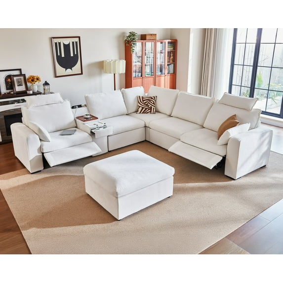 BEDEEP 133.9'' Power Recliner Sofa with Headrest Console, Modular Cloud Sectional Chenille Reclining Couch with Storage Ottoman Chaise, Convertible 6-Seater Sofa Couch for Living Room RV, White