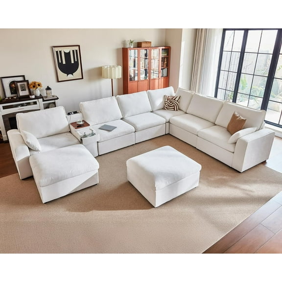 BEDEEP 169.7'' Modular Sectional Sofa with Console Charging Station, L Shaped Chenille Cloud Couch with Storage Ottoman, Convertible 8-Seat Deep Sofa with Chaise for Living Room, White