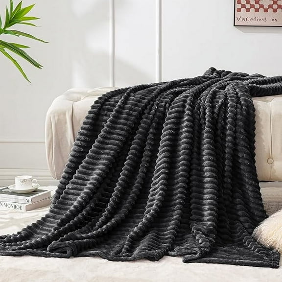 BEDELITE Fleece Blanket - 3D Ribbed Jacquard  Black Throw Blanket for Couch & Bed, 50x60 inches
