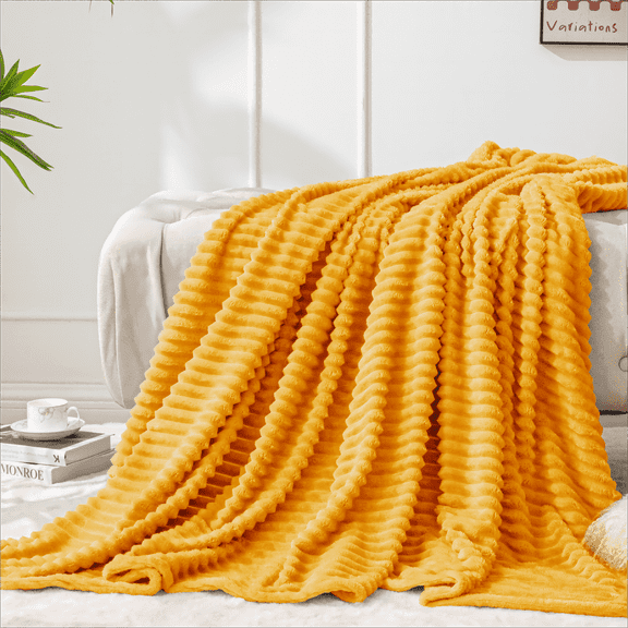 BEDELITE Fleece Blanket - 3D Ribbed Jacquard Yellow Throw Blanket Lightweight Warm Cozy Soft Fuzzy Blankets All Seasons Suitable 50x60 inches