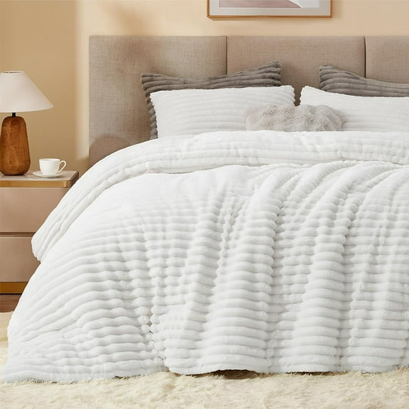 BEDELITE Fleece King Comforter Set -Super Soft & Warm Fluffy Bright White Bedding, Luxury Fuzzy Heavy Bed Set for Winter with 2 Pillow Cases