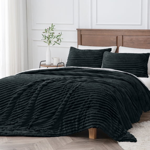 BEDELITE Fleece Twin Comforter Set -Super Soft & Warm Fluffy Black Bedding, Luxury Fuzzy Heavy Bed Set for Winter with 1 Pillow case