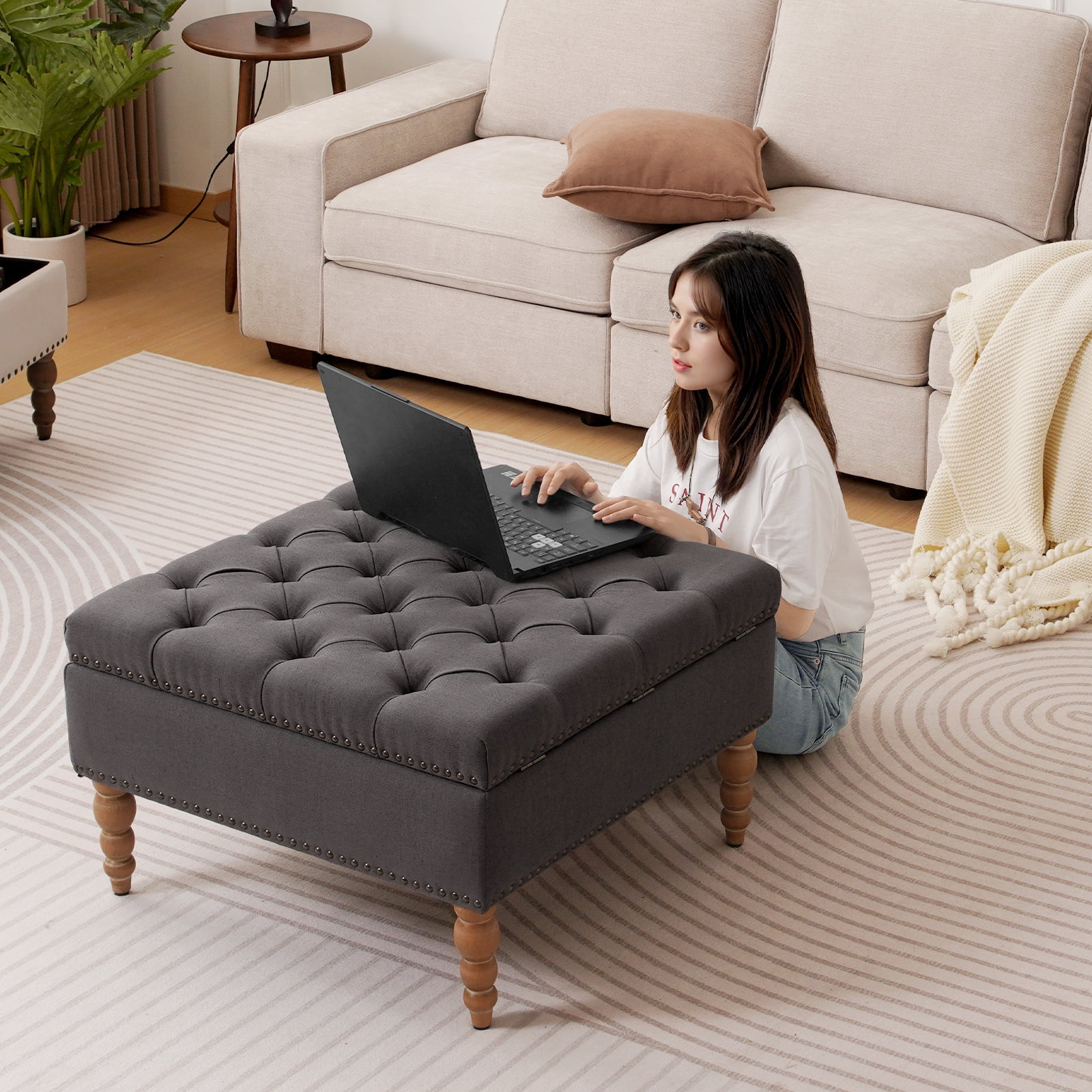 BEDHOURS Oversized Square Ottoman with Storage,Tufted Upholstered Coffee Table,Footrest for ...