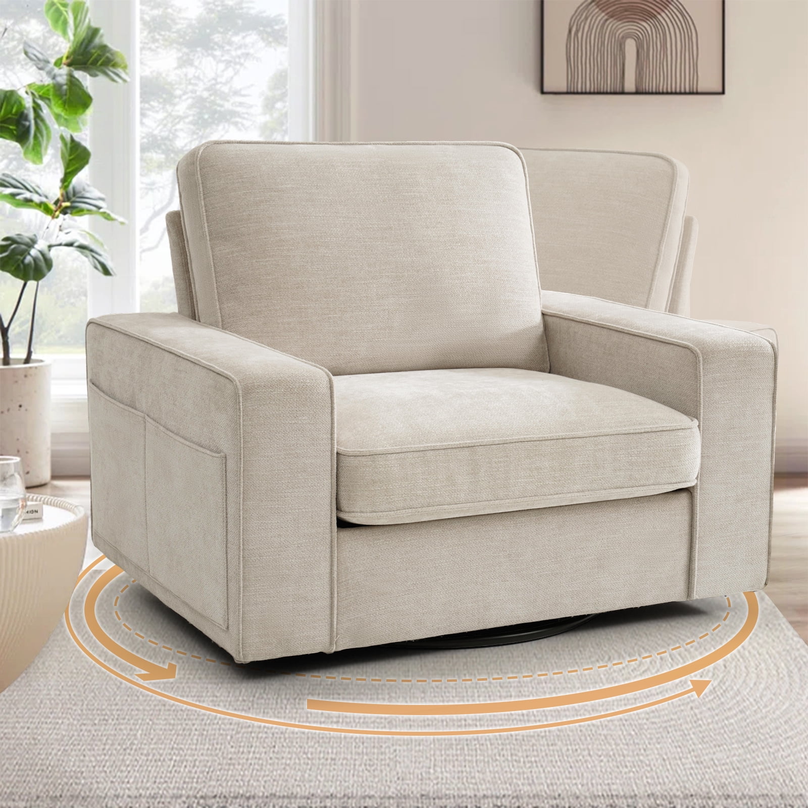 BEDHOURS Swivel Accent Chair for Living Room and Bedroom Modern Fabric Armchair  (Beige)