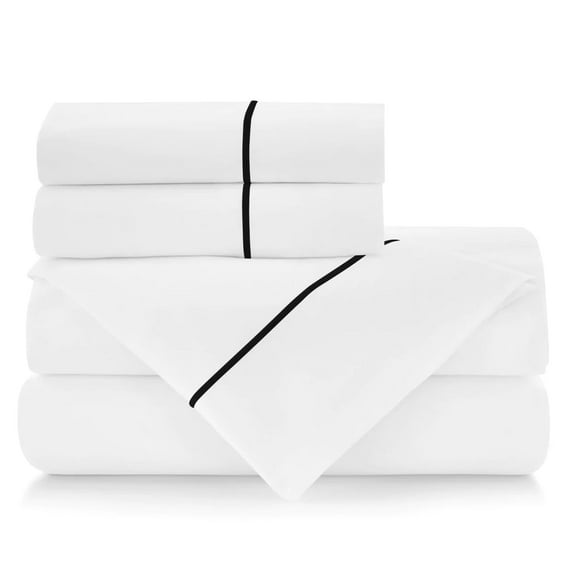 BEDLAM 100% Cotton Sheets Hotel Style Luxurious 500 TC White Cotton Sheets with a Beautiful Black Trim 6pcs Sheets Set Includes 4 Cotton Pillowcases California King Sateen Cotton Sheets
