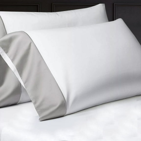 BEDLAM 100% Cotton Sheets Hotel Style Luxurious 800TC White Cotton Sheets with a Grey Italian Border 4pcs Sateen Sheets Set Includes 2 Cotton Pillowcases Twin Size Sateen Cotton Sheet Set