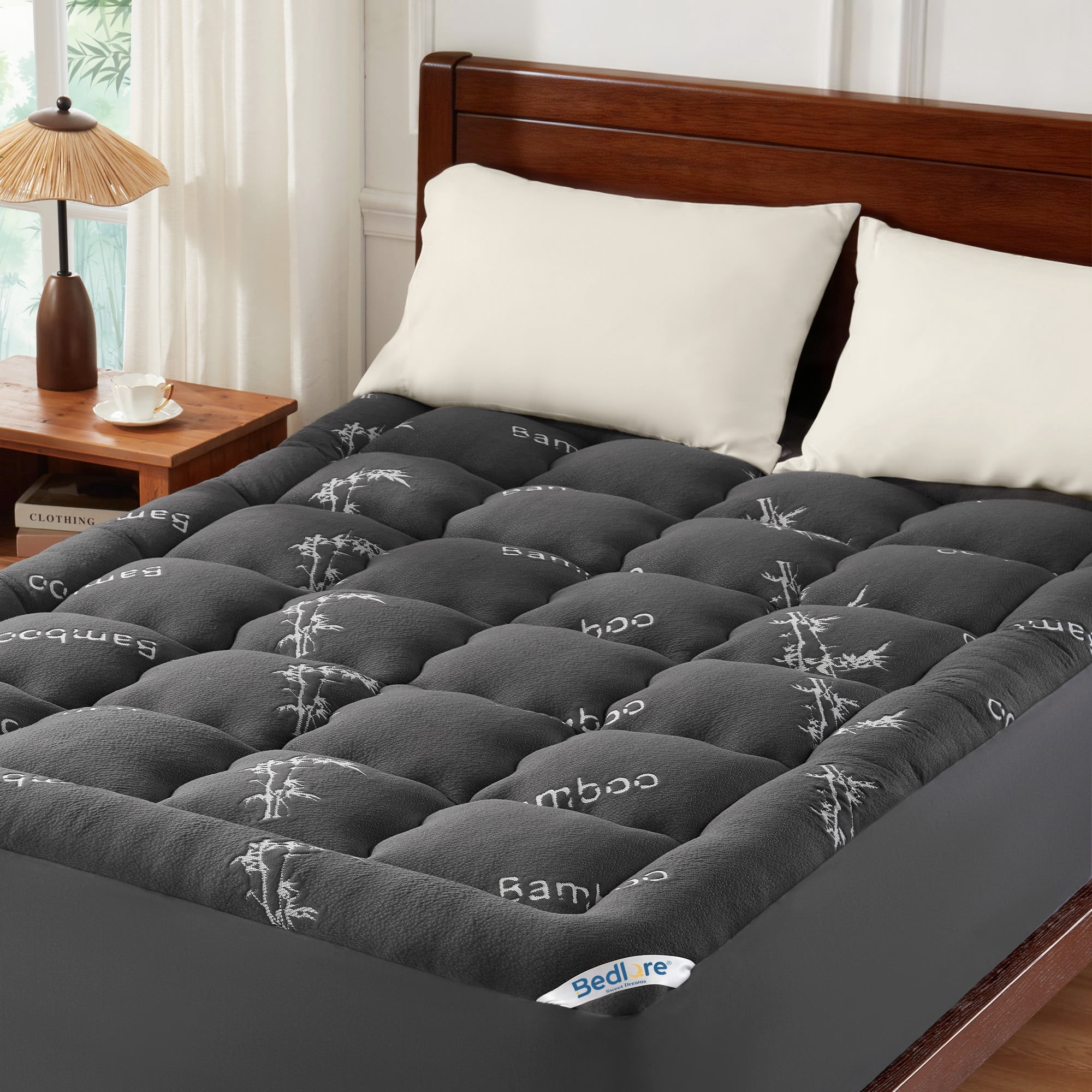 BEDLORE Full Mattress Topper, Bamboo Pillow Top Pad for Back Pain Relief, Thick Soft Mattress Cover with Deep Pockets 6-15 inch(Grey)