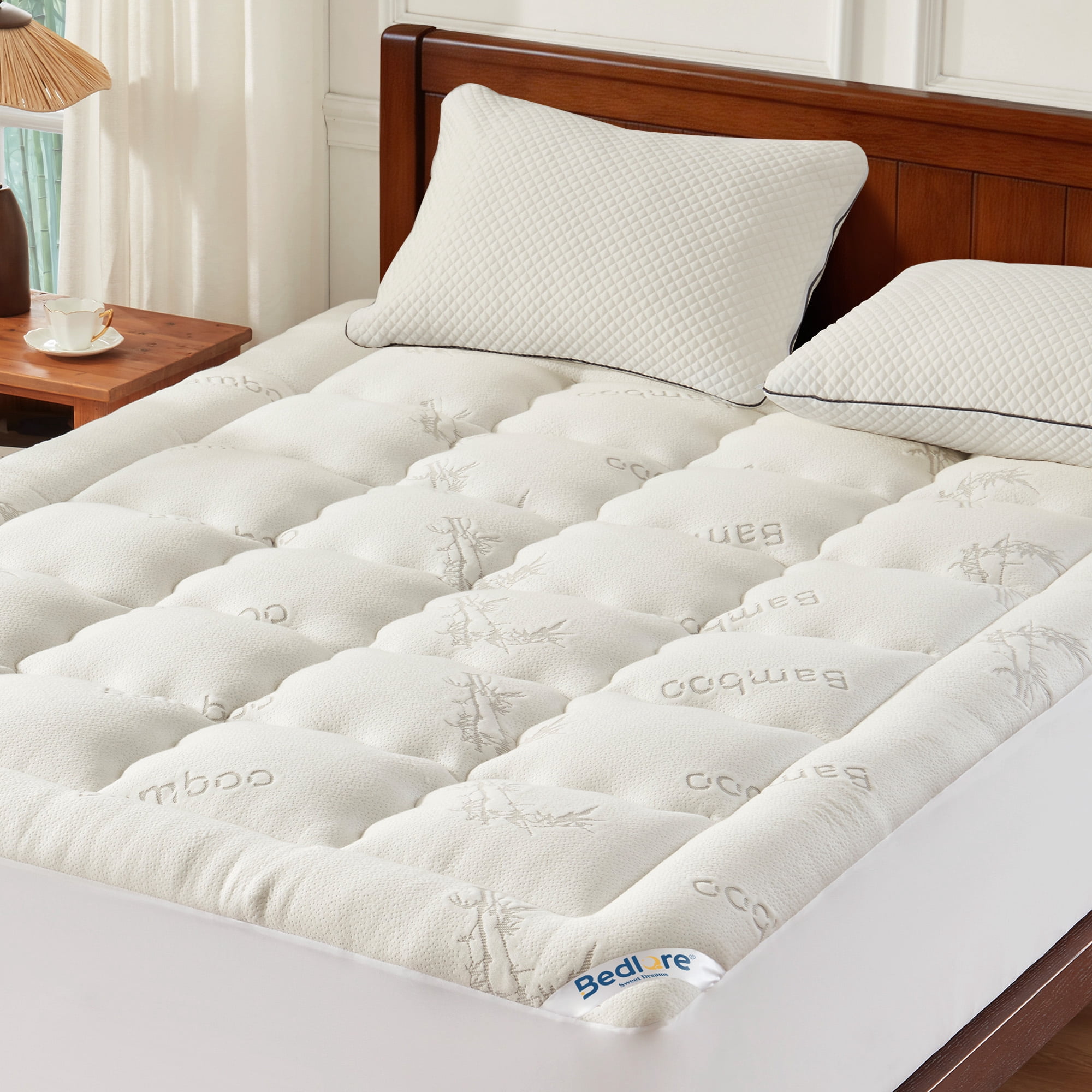 BEDLORE Full Mattress Topper, Bamboo Pillow Top Pad for Back Pain Relief, Thick Soft Mattress Cover with Deep Pockets 6-15 inch(White)