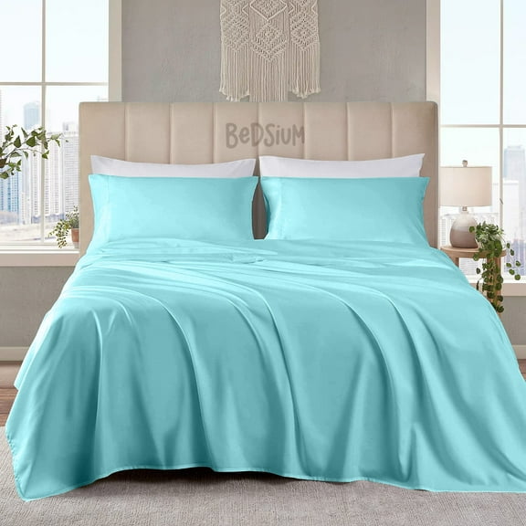 BEDSIUM 4pc Bed Sheet Set 1000 Thread Count Luxury Softest Bedding Sheet Set Upto 15" Deep Pocket 100% Egyptian Cotton - Wyoming King Aqua Blue