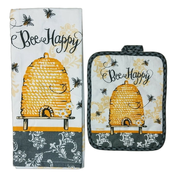 BEE HAPPY Honeybee Beehive Kitchen Tea Towel & Potholder Set, by Kay Dee