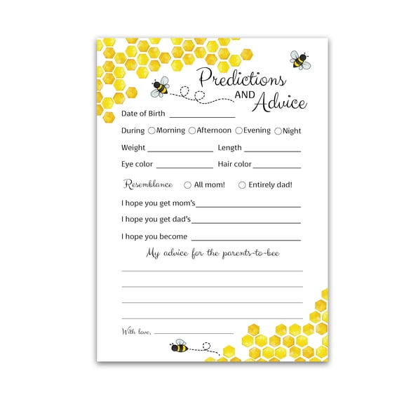 BEE Prediction and Advice Cards - Pack of 25 - Bumblebee Baby Shower Games, Yellow neutral Bumble bee New Parents, Mom & Dad to be, Mommy & Daddy Message, Honey bee Coed Activity Keepsake G620-PDAV