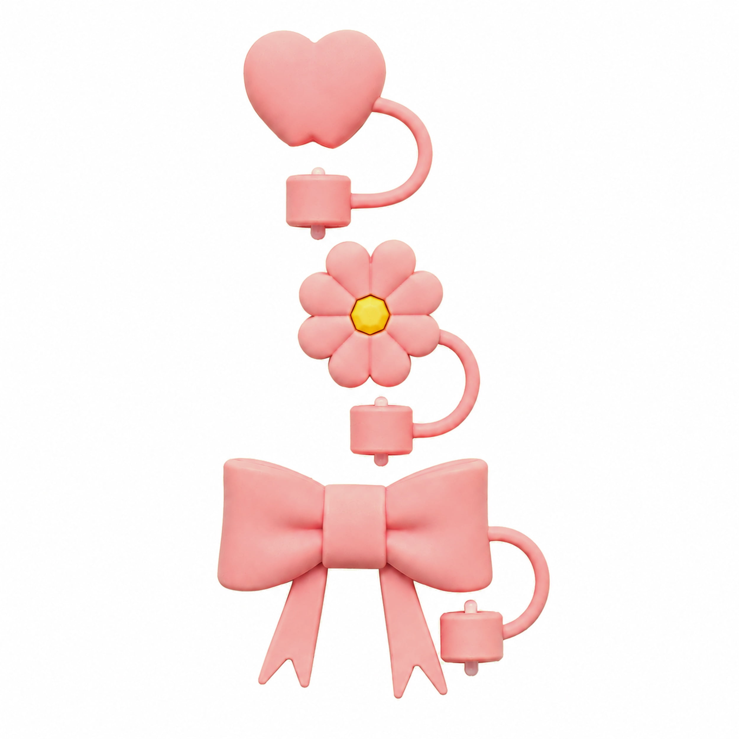 Biddlebee Pink Heart, Flower and Bow Straw Toppers, 3-Pack