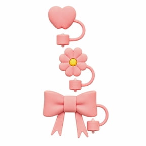Biddlebee Pink Heart, Flower and Bow Straw Toppers, 3-Pack