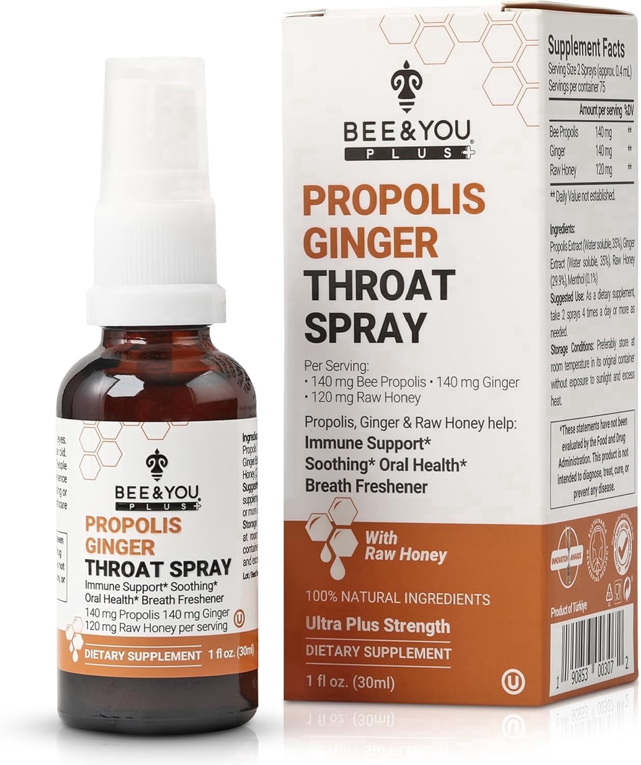 Propolis Health BEE and You Propolis Ginger Raw Honey Throat Spray, Immune Support ...