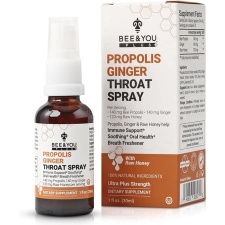 BEE & YOU Organic Propolis Ginger Raw Honey Throat Spray with Antioxidants & Menthol, 1 Fl Oz