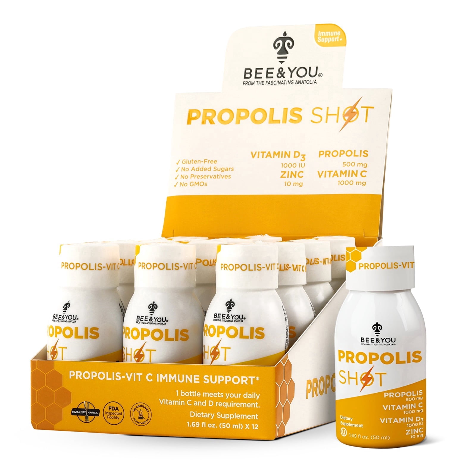 BEE&YOU Propolis Shot, Bee Propolis with Vitamin C D3 Zinc, Anatolian Propolis Extract, Raw Honey & Natural Orange Juice, Non-GMO