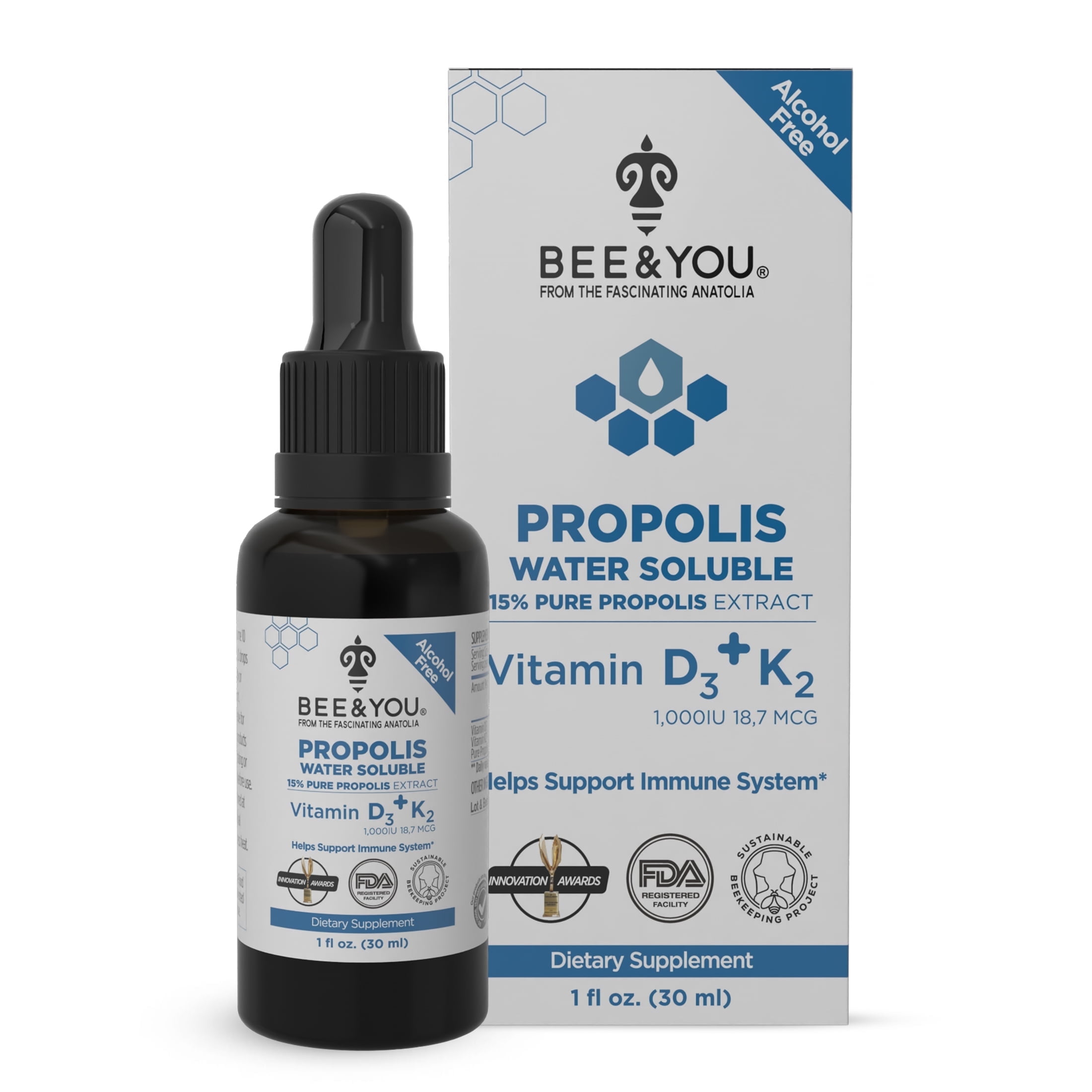 BEE & You 15% Pure Propolis Extract with Vitamins D3 and K2 - High Potency, Immune Support, 1 Fl Oz