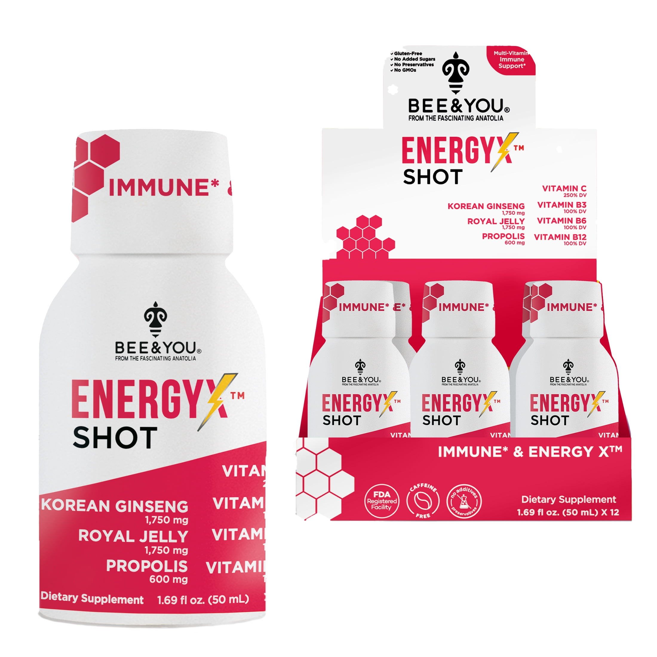 BEE and You Energy X Shot, 12 Pack, Korean Red Ginseng, Royal Jelly, Propolis, Caffeine Free