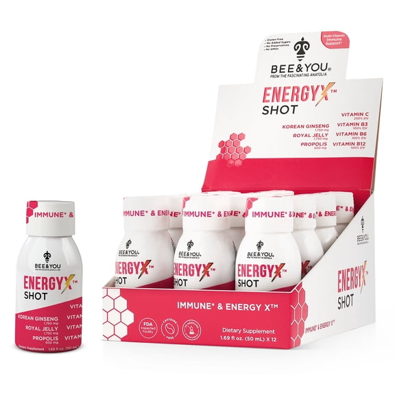 Bee and You Energy X Shot, 12 Pack, Korean Red Ginseng, Royal Jelly, Propolis, Caffeine Free Energy Drink, Vitamin C, B3, B6, B12, Immune Support Supplement, Antioxidants, Pomegranate Flavor