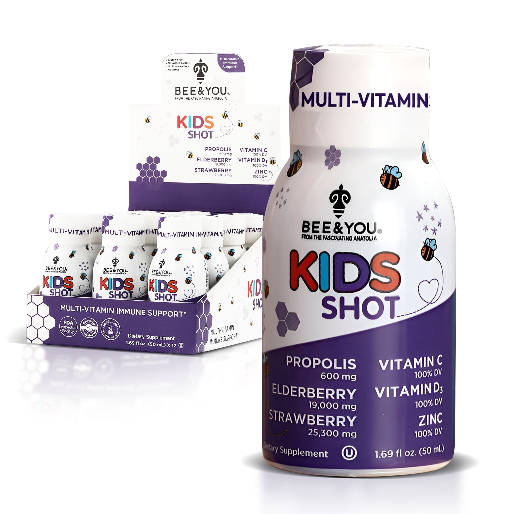 BEE&YOU Kids Propolis Shot with Vitamin C, Vitamin D3 & Zinc, Strawberry Flavor, No Added Sugar, Non-GMO Kids Daily Supplement, Ages 4+