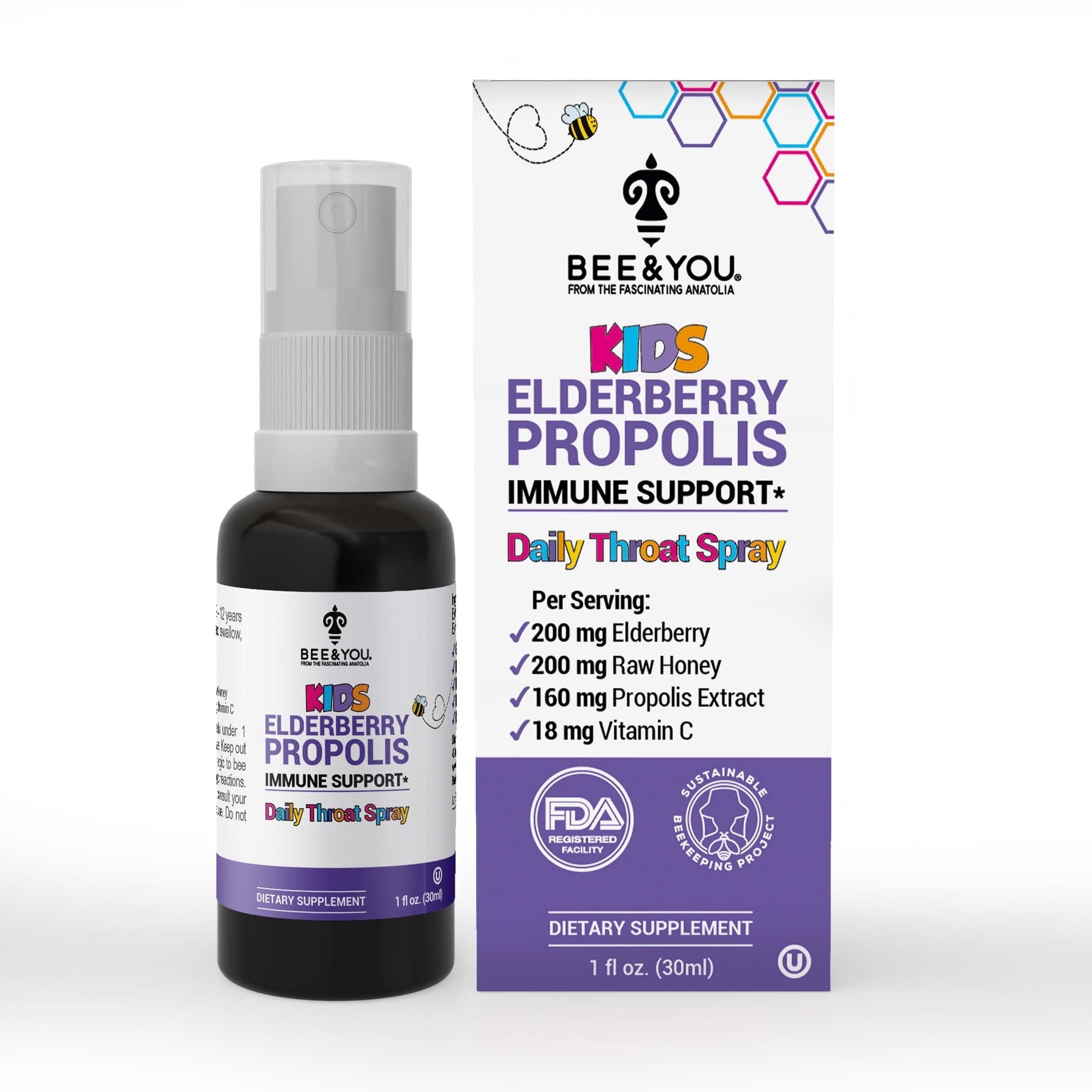 BEE and You, Kids Immune Support Supplement Throat Spray, Elderberry, Raw Honey, Propolis Extract, Vitamin C, Strawberry Juice, Antioxidants, Sore Throat Relief, 1 fl. Oz, Stocking Stuffers