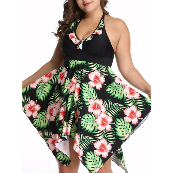 BEEACHGIRL Swimming Skirt for Women Plus Size Halter Swimwear Two-Piece Floral Halter Srap Swimsuits