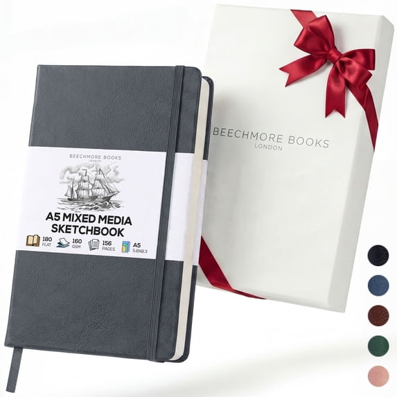 BEECHMORE BOOKS A5 Mixed Media Sketchbook - 5.8"x8.3" Hardcover Lay-Flat Art Journal, 160 GSM / 98 lb Professional Perforated Paper, Gift Box, for Drawing, Ink and Light Watercolor
