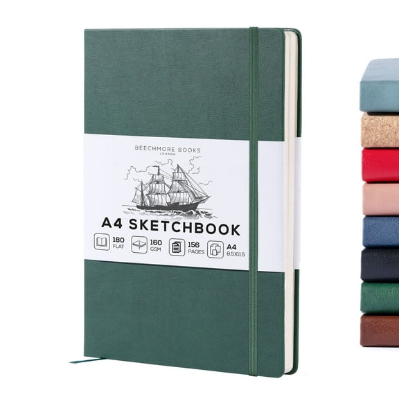 Beechmore Books A4 Sketchbook – 8.5x11" Premium Vegan Leather Bound Large Sketch Book Hardcover With 156 Thick 160gsm Perforated Ivory Pages, Blank Sketch Pad, Gift Boxed, Back Pocket Ribbon Bookmark