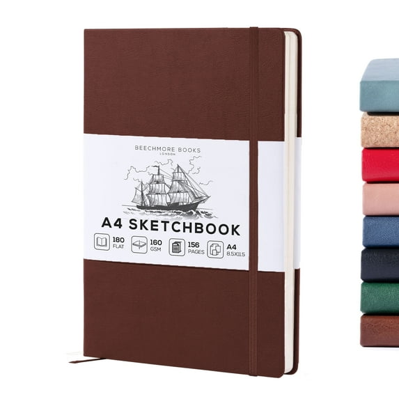 Beechmore Books A4 Sketchbook – 8.5x11" Premium Vegan Leather Bound Large Sketch Book Hardcover With 156 Thick 160gsm Perforated Ivory Pages, Blank Sketch Pad, Gift Boxed, Back Pocket Ribbon Bookmark