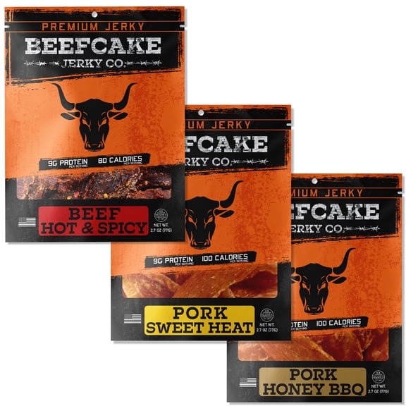 BEEFCAKE Jerky Sweet to Hot Bundle Beef Hot & Spicy, Pork Sweet Heat, Pork Honey BBQ Premium Jerky Pack, High Protein Meat Snack Gift for Men, Jerky Assortment Variety Pack