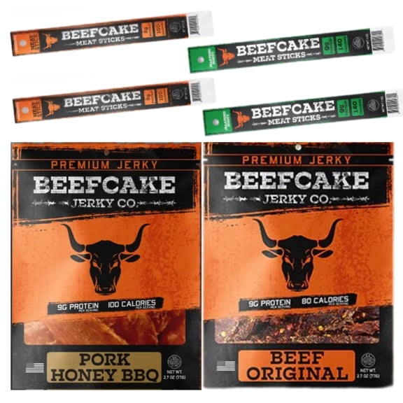 BEEFCAKE Jerky Valentines Day Gift for Men Pork Jerky Honey BBQ & Beef Sticks Variety Pack Protein Snacks Gift Set, Meat Snack Beef Jerky Box for Him