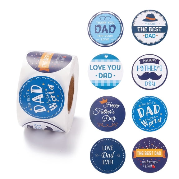 BEEFLYING 1 Roll Happy Father's Day Stickers Self Adhesive Roll Sticker Labels Flat Round with Word Sticky Labels for Crafts Cards Gift Wrap Boxes