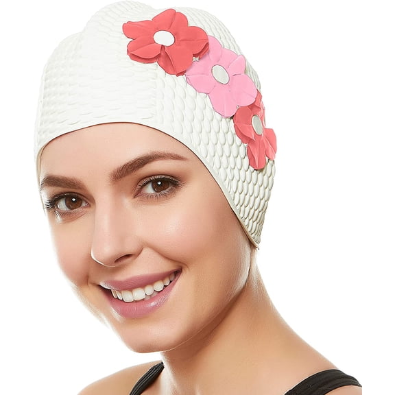 BEEMO Swim Bathing Caps for Women Latex Swim Hat Triple Flowers Long/Short Hair - White with Pink Flowers