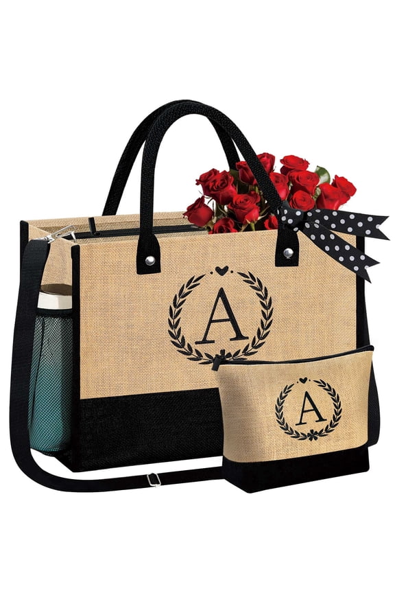 Gifts for Women - Initial Jute Tote Bag & Makeup Bag, Valentines Day Gifts for Her Teacher Mom Wife Friend Birthday