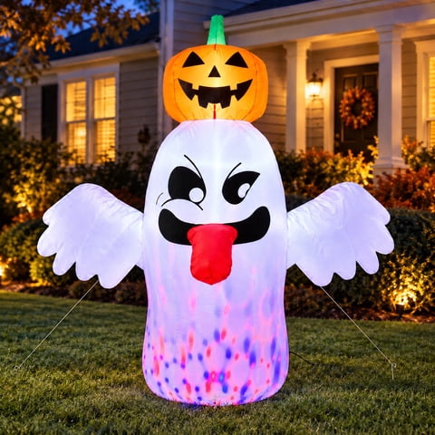 BEEPRINCESS 6 FT Halloween Inflatable Ghost with Pumpkin Head, Light-Up RGB LED Blow Up Yard Decoration