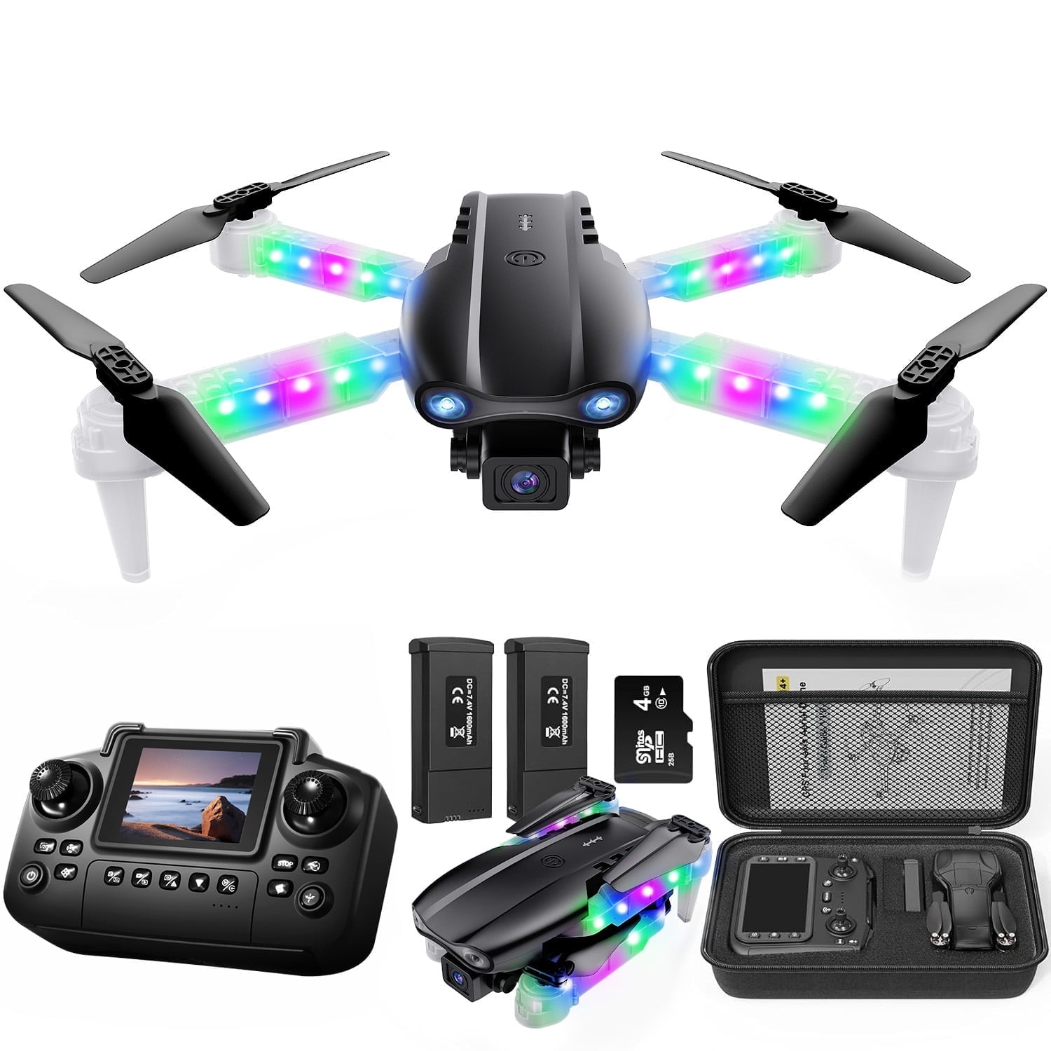 Walmart Black Friday Deals 2025 BEEPRINCESS Drone with Screen Remote Control and Cool Lights, RC Quadcopter with 4K HD Dual Camera for Beginner Adults Kids, Black